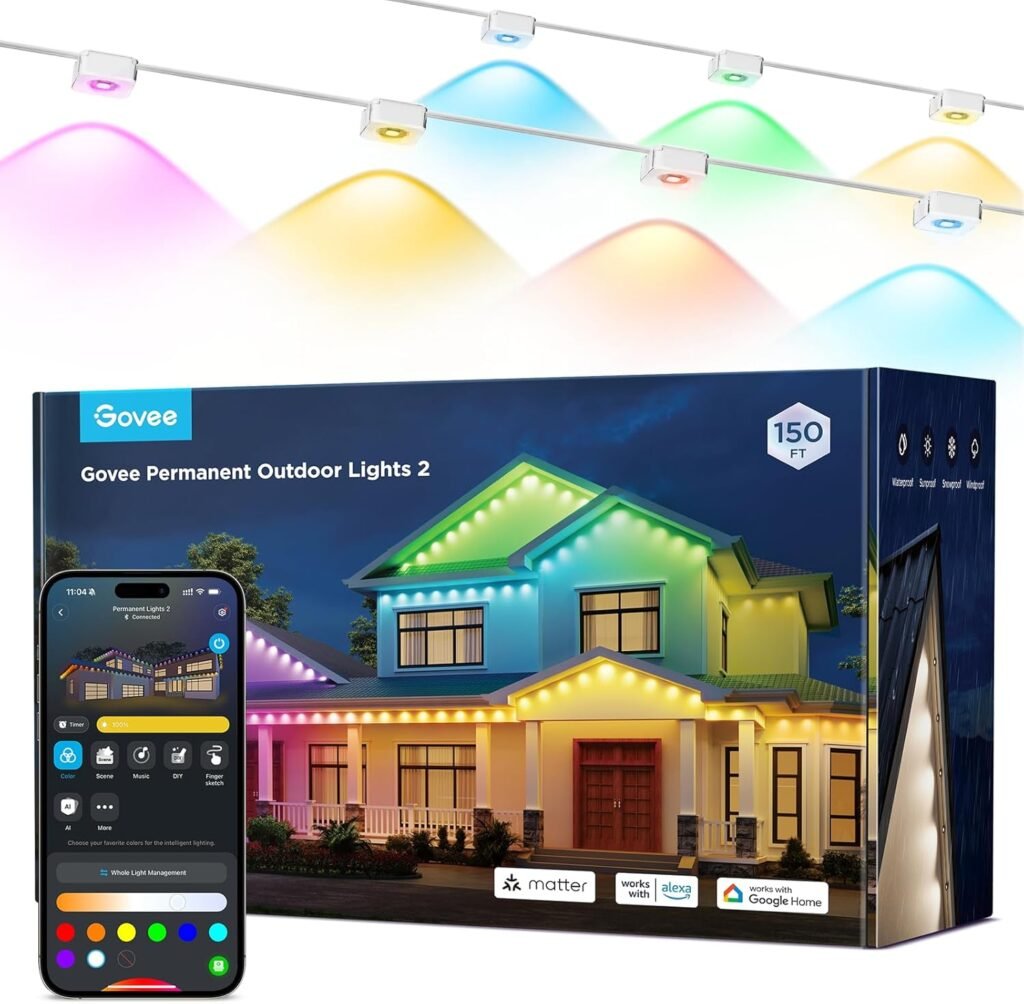 Govee Permanent Outdoor Lights 2, 150ft RGBIC Outdoor Lights with 108 LED Lights, IP67 Waterproof, 100 Scene Modes with 40lm White for Christmas Decorations, Works with Alexa, Google Assistant, White