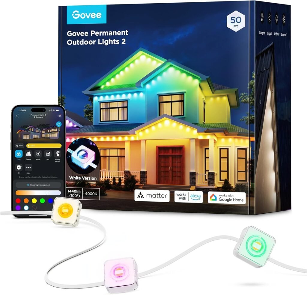 Govee Permanent Outdoor Lights 2, 150ft RGBIC Outdoor Lights with 108 LED Lights, IP67 Waterproof, 100 Scene Modes with 40lm White for Christmas Decorations, Works with Alexa, Google Assistant, White