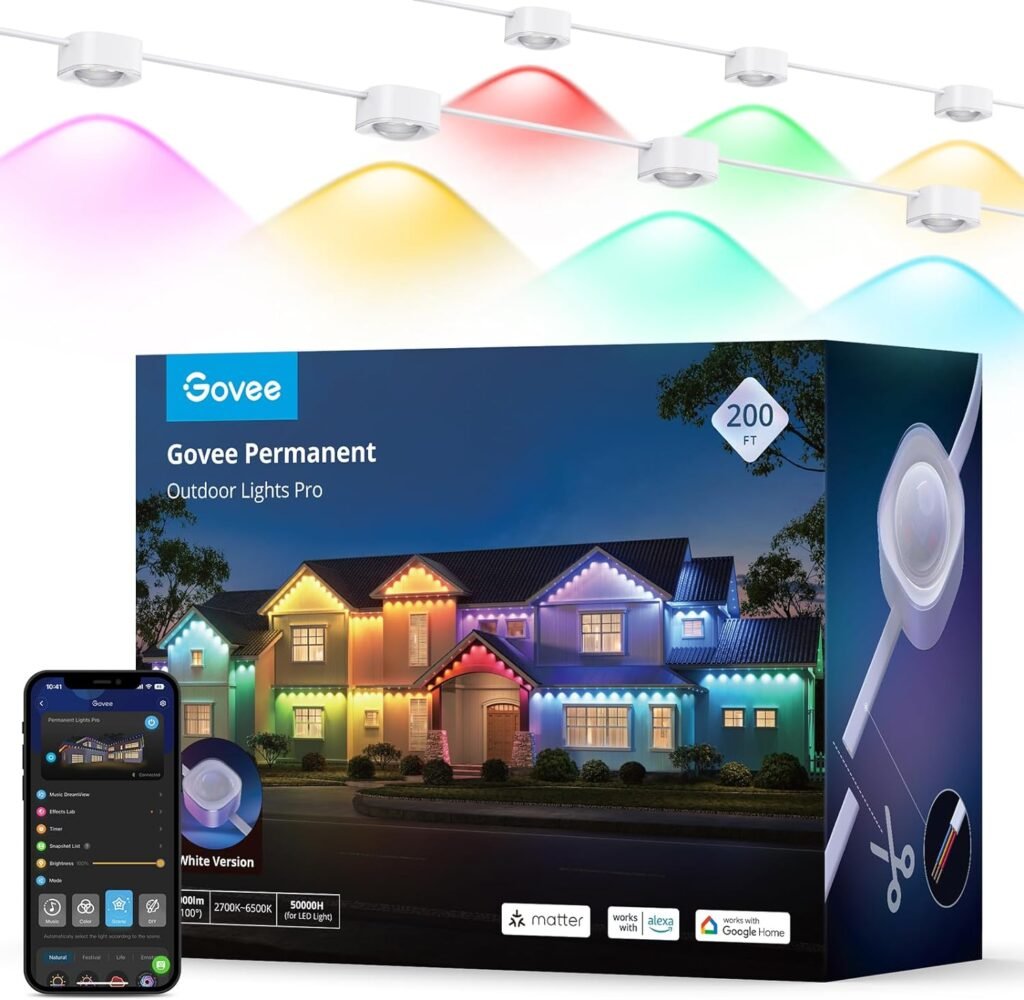Govee Permanent Outdoor Lights Pro, 200ft with 120 RGBIC LED Lights for Daily and Accent Lighting, 75 Scene Modes for Christmas, IP67 Waterproof, Works with Alexa, Google Assistant, Matter, White