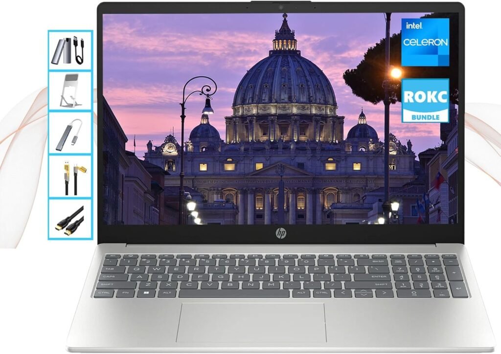 HP Laptop Computer, 15.6 HD Display Laptops for Business  School, Intel Pentium N200(4-Core CPU), 16GB RAM|256GB(128GB SSD+128GB External SSD), Wi-Fi|Webcam, Light-Weight, Windows 11, RKPC Bundle