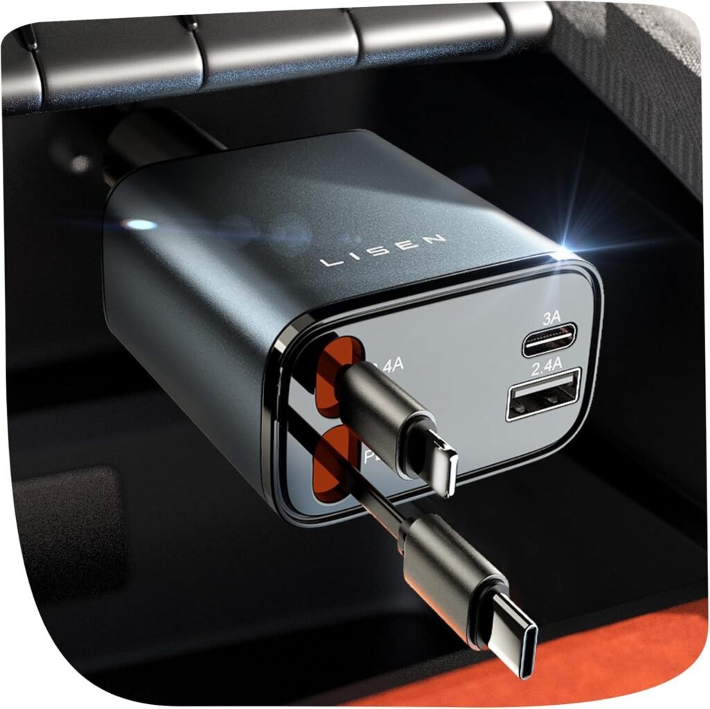 LISEN Retractable Car Charger [69W USB C Car Charger Adapter] iPhone 16 Car Charger Fast Charging, Gift for Men Women, Car Accessories USBC Car Charger for iPhone 16 15 14 13 12 Android, Gray