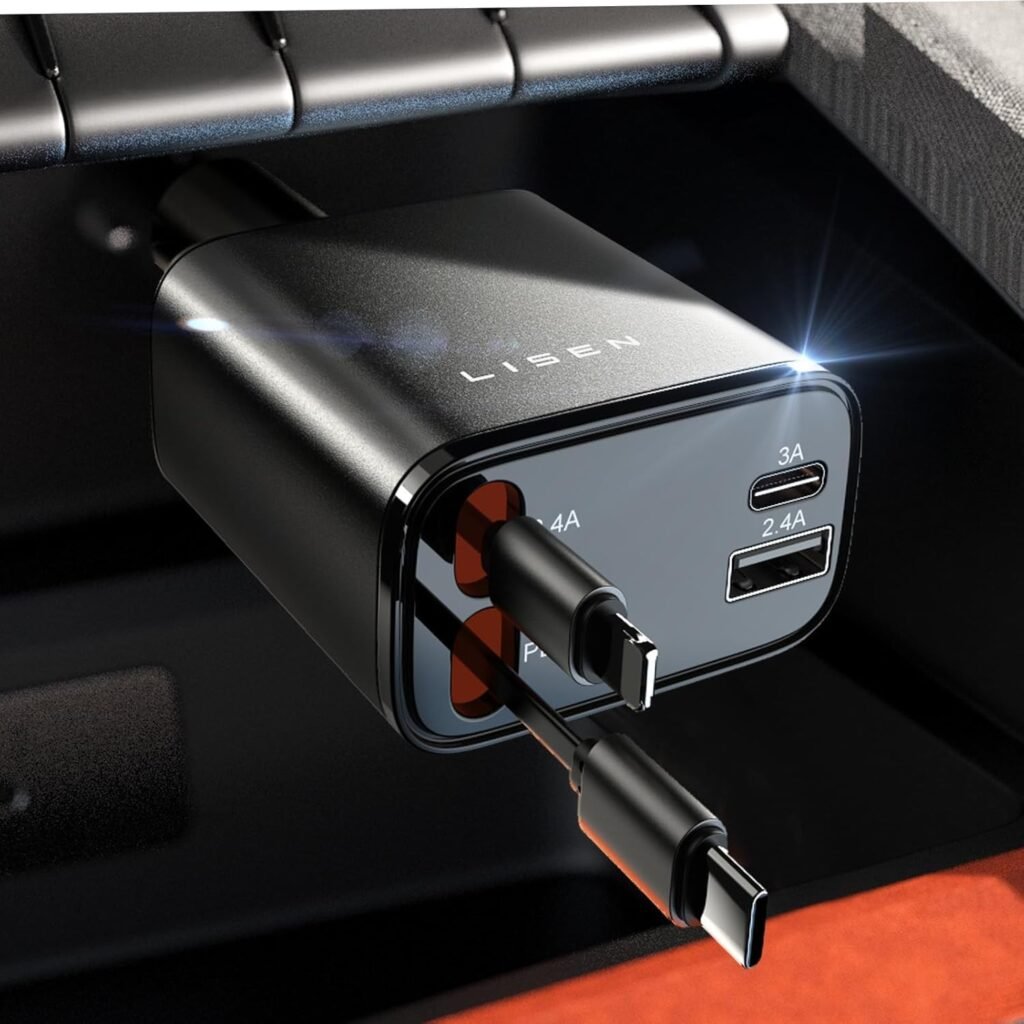 LISEN Retractable Car Charger [69W USB C Car Charger Adapter] iPhone 16 Car Charger Fast Charging, Gift for Men Women, Car Accessories USBC Car Charger for iPhone 16 15 14 13 12 Android, Gray