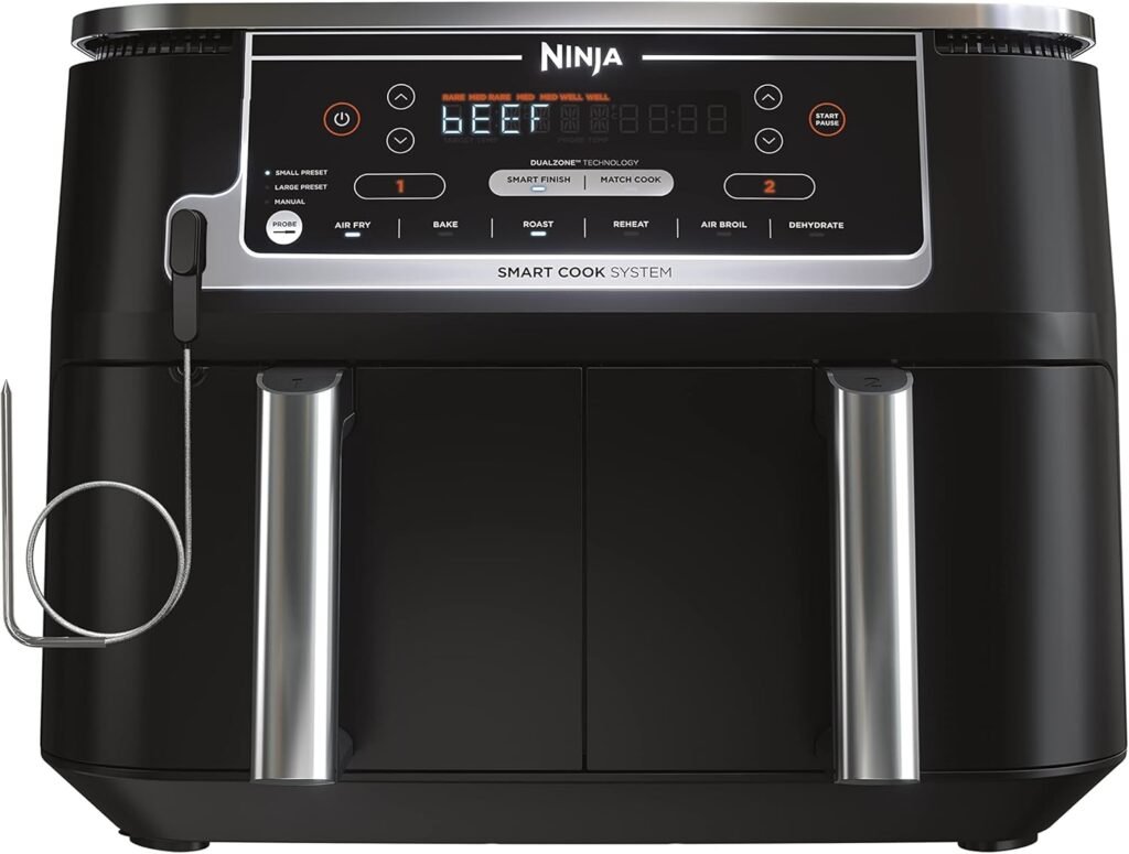 Ninja Air Fryer, Thermometer, Roast, Bake, Air Fry, Crisps, Broil, Reheats, Keep Warm, 10-in-1, Fries, Frozen Food, Veggies, and Meat, Quick Meals, Healthy Meals, Less Oil, 10 QT, Grey, DZ550​