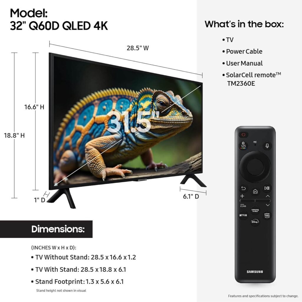 SAMSUNG 32-Inch Class QLED 4K Q60D Series Quantum HDR Smart TV w/Object Tracking Sound Lite, Motion Xcelerator, Slim Design, Gaming Hub, Alexa Built-in (QN32Q60D, 2024 Model)