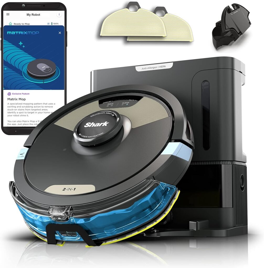 Shark Robot Vacuum  Mop Combo, Powerful Suction, Matrix Plus, 60-Day Debris Capacity, HEPA Bagless Self Empty Base, Sonic Mopping, Home Mapping for Pet Hair, Carpets  Hardfloor, Black/Gold, AV2610WA