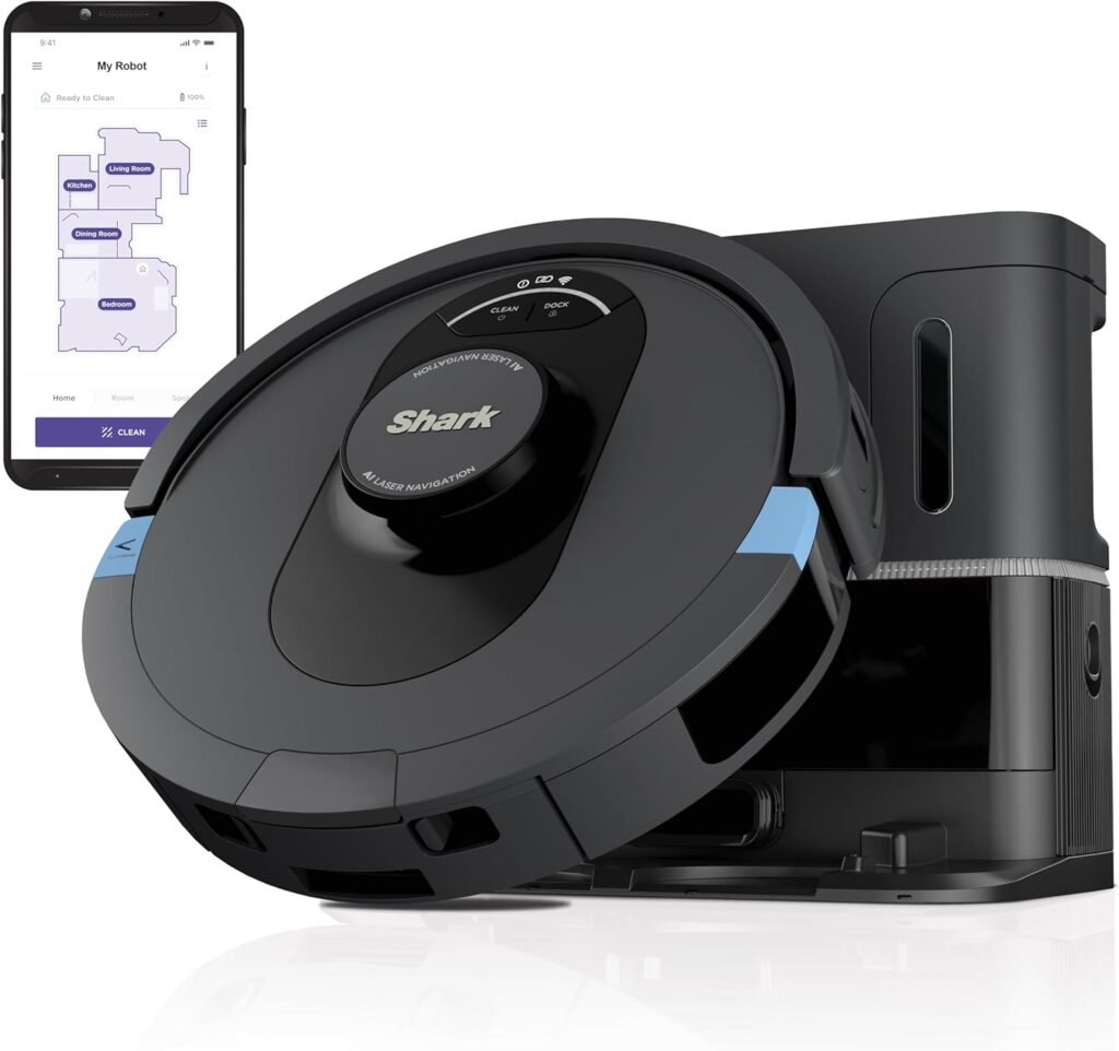 Shark Robot Vacuum  Mop Combo, Powerful Suction, Matrix Plus, 60-Day Debris Capacity, HEPA Bagless Self Empty Base, Sonic Mopping, Home Mapping for Pet Hair, Carpets  Hardfloor, Black/Gold, AV2610WA