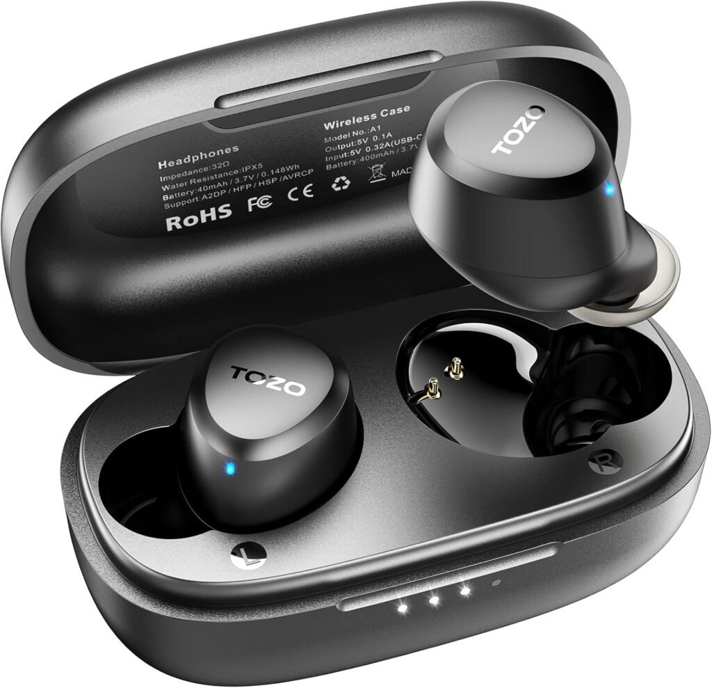 TOZO A1 Wireless Earbuds Bluetooth 5.3 Light-Weight in Ear IPX5 Waterproof Headphones 2 Mic for AI Calls, Immersive Premium Sound Bass Headset with Charging Case, 32 Presets EQ Customization via App